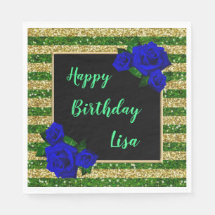 Green Gold Stripes Glitter Deep Blue Rose Birthday Napkins
