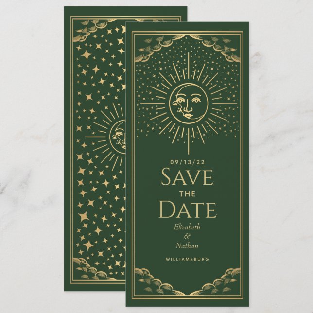 Green Gold Sun and Moon Tarot Card Save the Date (Front/Back)