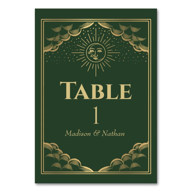 Green Gold Sun and Moon Tarot Gothic Wedding Table Number (Front)