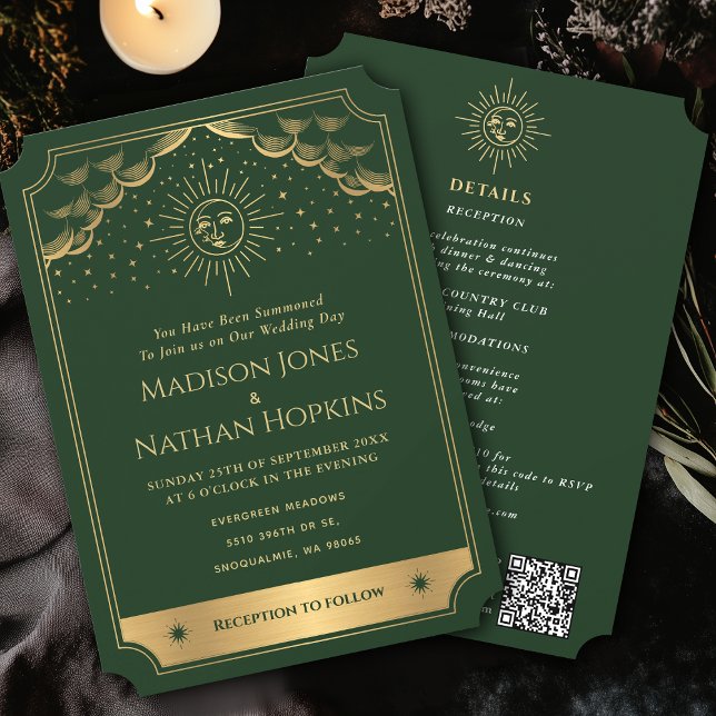 Green Gold Sun Moon Tarot Wedding QR Code Invitation (Creator Uploaded)