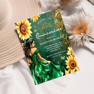 Green Gold Sunflower Princess Quinceañera Invitation