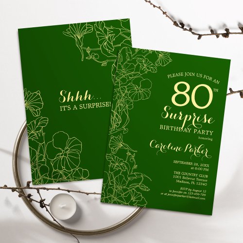 Green Gold Surprise 80th Birthday Party Invitation