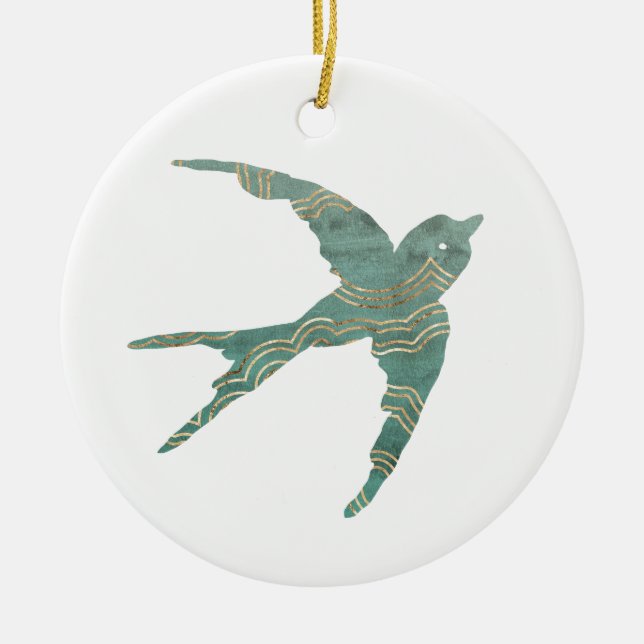 Green & Gold Swallow Ceramic Ornament (Front)