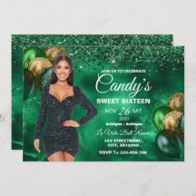 Green & Gold Sweet 16 Girl Birthday Invitation