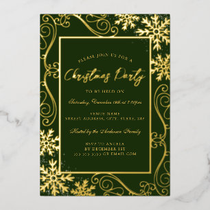 Green Gold Swirl Snowflake Frame Christmas Party Foil Invitation