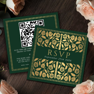 Green Gold Sword Royal Wedding RSVP QR Code Enclosure Card