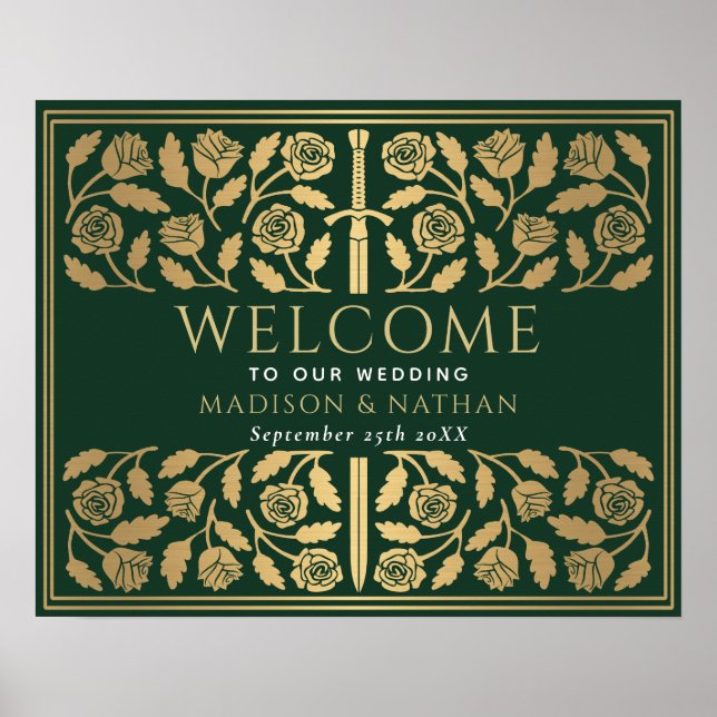 Green Gold Sword Royal Wedding Welcome Sign (Front)