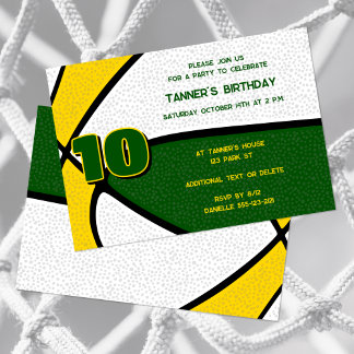 green gold team colors basketball birthday invitation