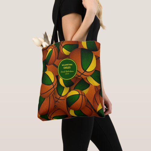 green gold team colors basketball coach tote bag