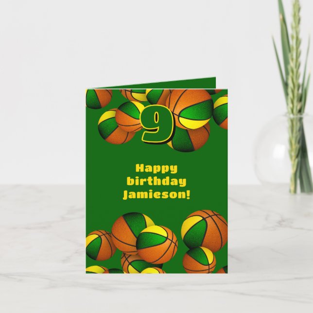 green gold team colors basketballs kids birthday card (Front)