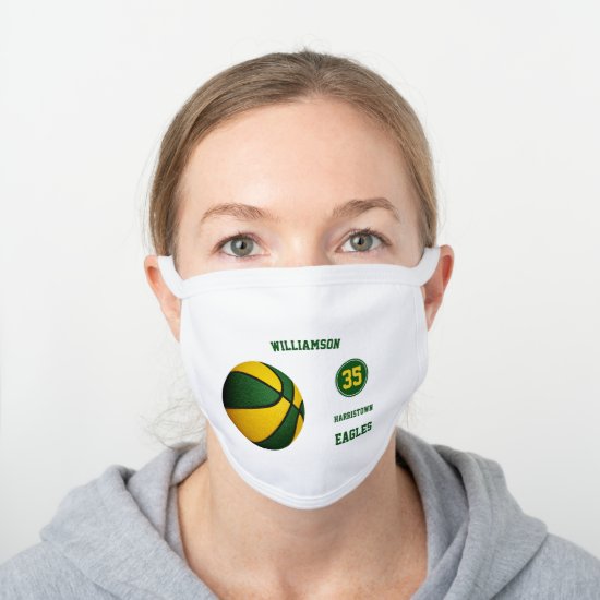 green gold team colors boy girl basketball player white cotton face mask