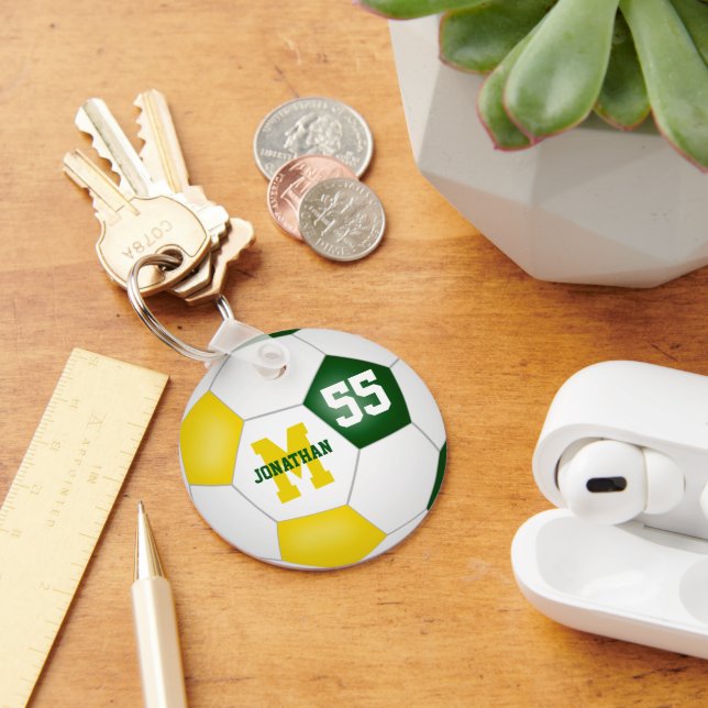 green gold team colors boys girls soccer ball keychain (Desk)