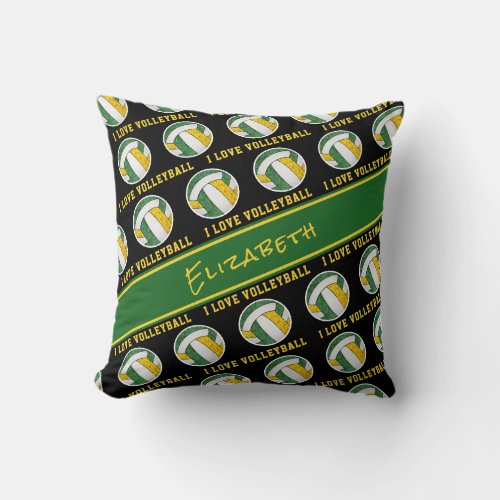 green gold team colors girls I love volleyball Throw Pillow