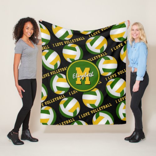 green gold team colors I love volleyball pattern Fleece Blanket