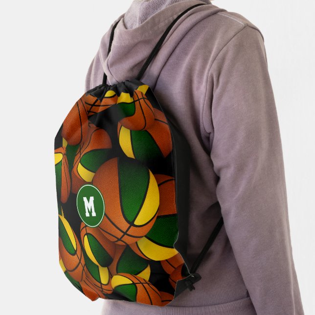 green gold team colors kids basketballs pattern drawstring bag (Insitu)