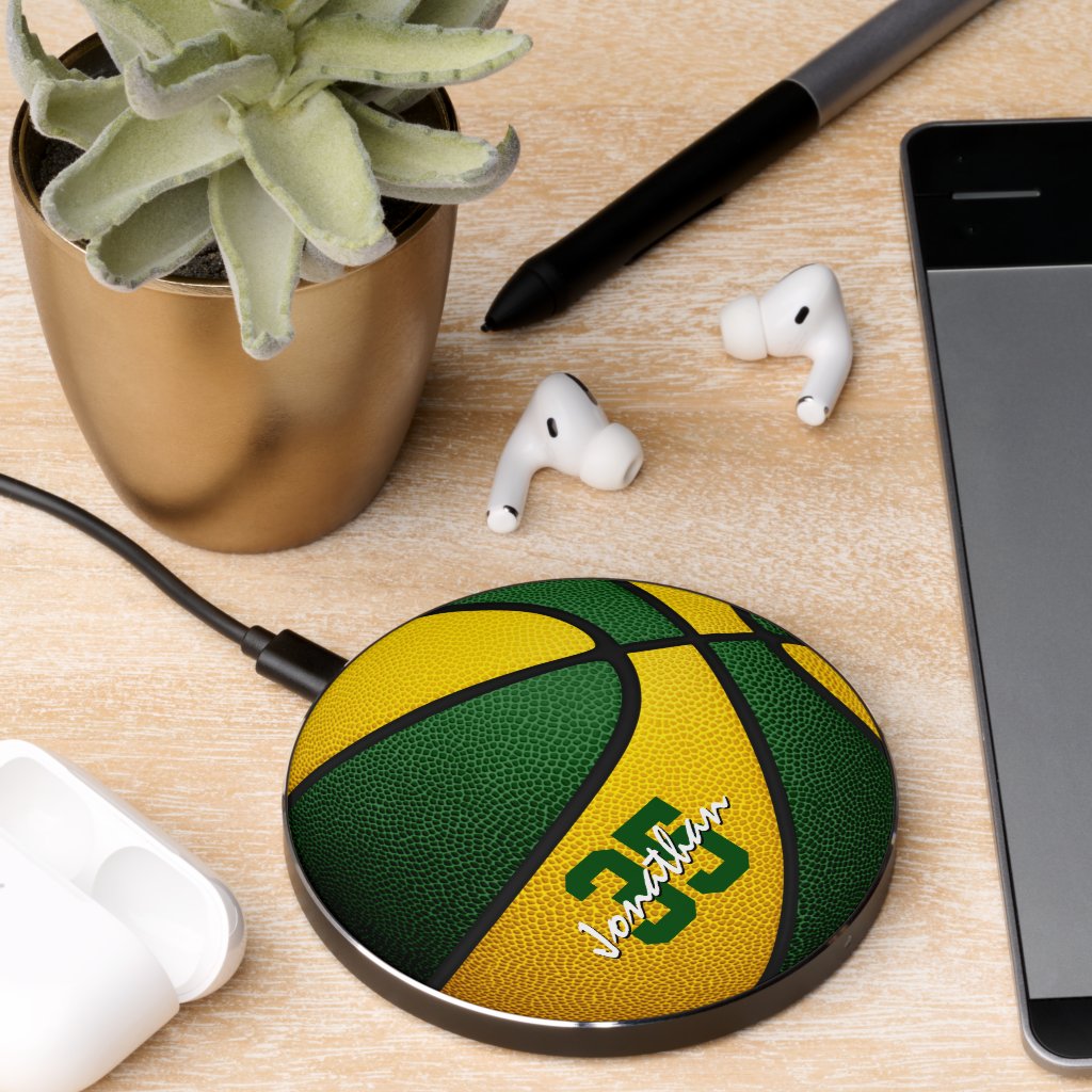 green gold team colors kids sports basketball wireless charger