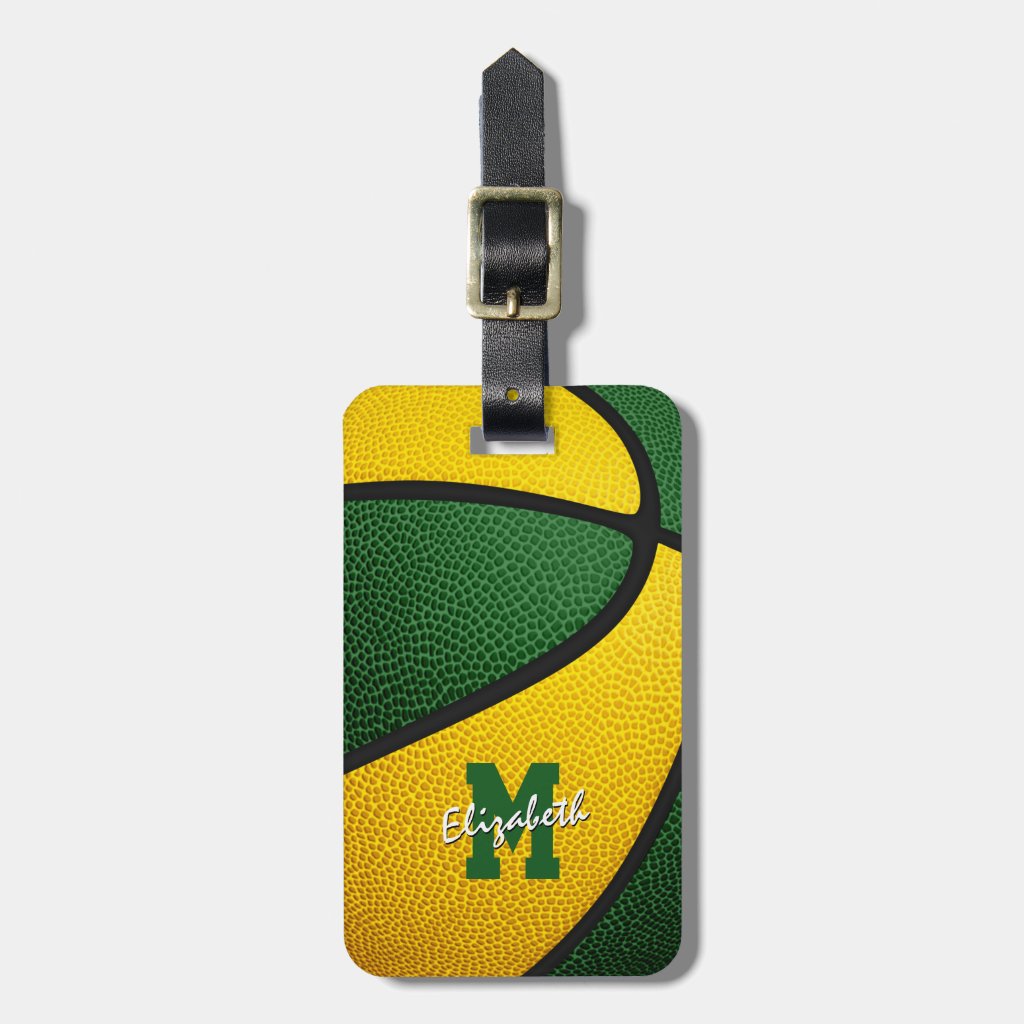 green gold team colors monogrammed basketball luggage tag