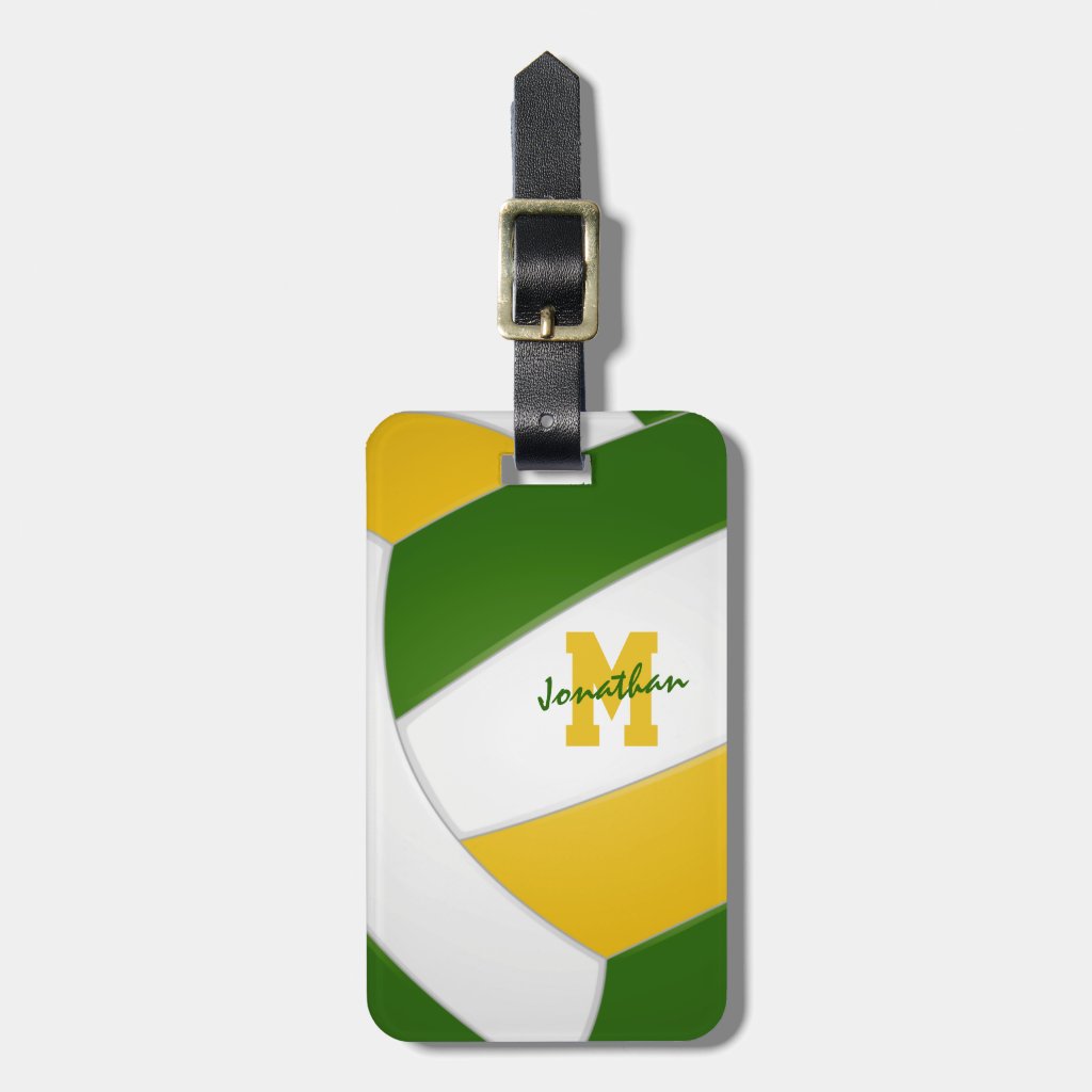 green gold team colors monogrammed volleyball luggage tag