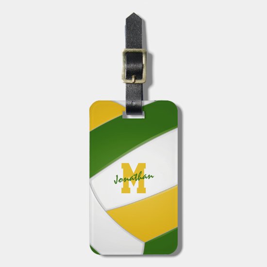green gold team colors monogrammed volleyball luggage tag