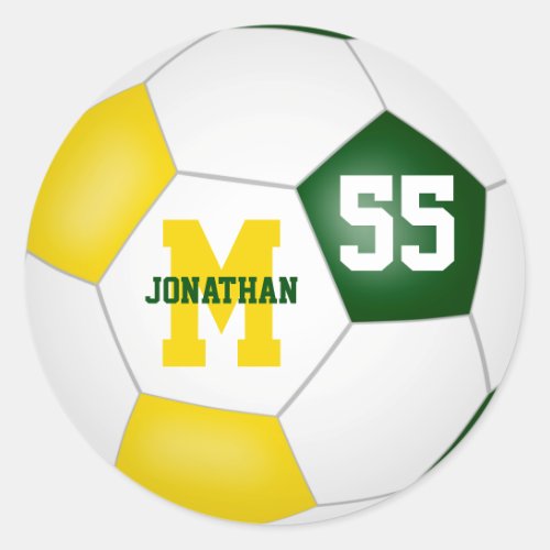 green gold team colors soccer ball personalized classic round sticker