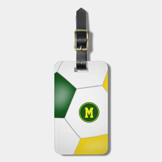 green gold team colors soccer player luggage tag