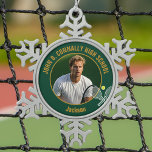 Green Gold Tennis Player Photo High School Snowflake Pewter Christmas Ornament<br><div class="desc">This cool customized high school tennis player photo gift features gold typography of your team and player name on a snowflake Christmas ornament with a cute tennis ball and rackets on dark green. Personalize with your student's photograph and class year as a proud sports parent.</div>