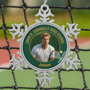 Green Gold Tennis Player Photo High School Snowflake Pewter Christmas Ornament
