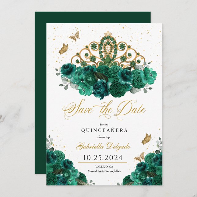 Green & Gold Tiara Save The Date Quinceañera Invitation (Front/Back)