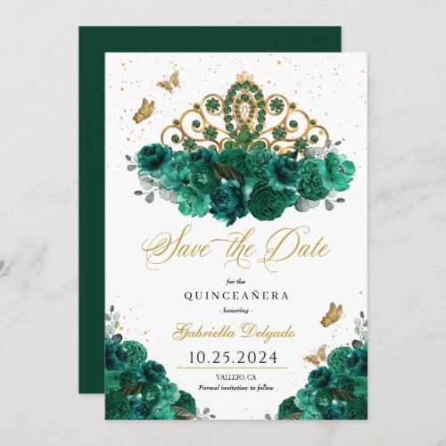 Green  Gold Tiara Save The Date Quinceaera Invitation