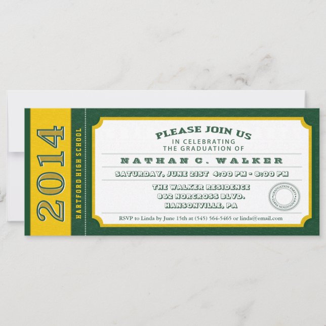 Green & Gold Ticket Graduation Party Invitation (Front)