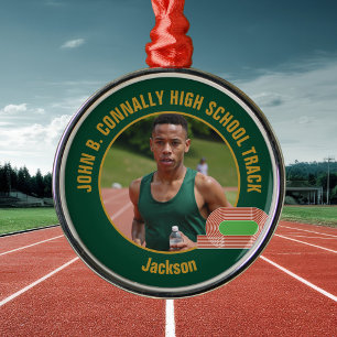 Green Gold Track Team Photo Runner Christmas Metal Ornament