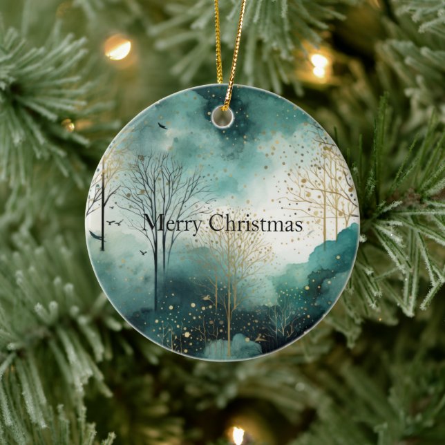 Green Gold Trees Christmas Ceramic Ornament (Tree)