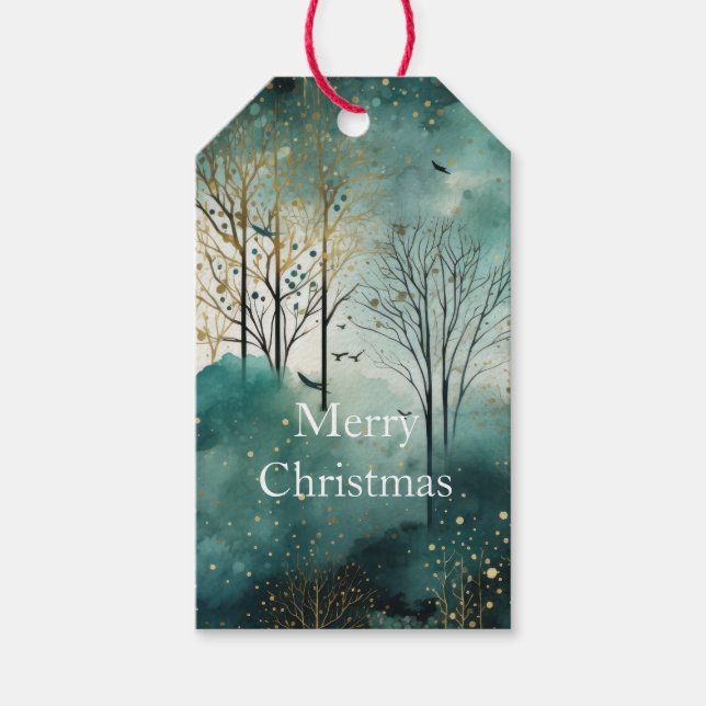 Green Gold Trees Christmas Gift Tags (Front)