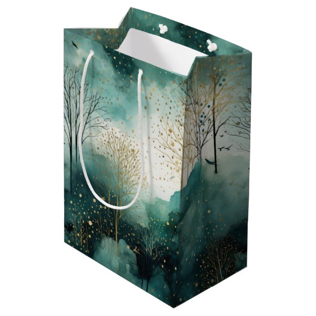 Green Gold Trees Christmas Medium Gift Bag (Back Angled)