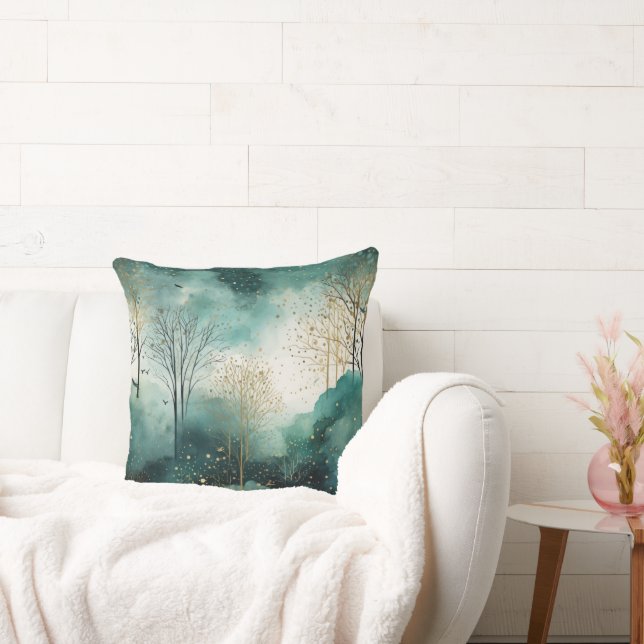 Green Gold Trees Throw Pillow (Couch)