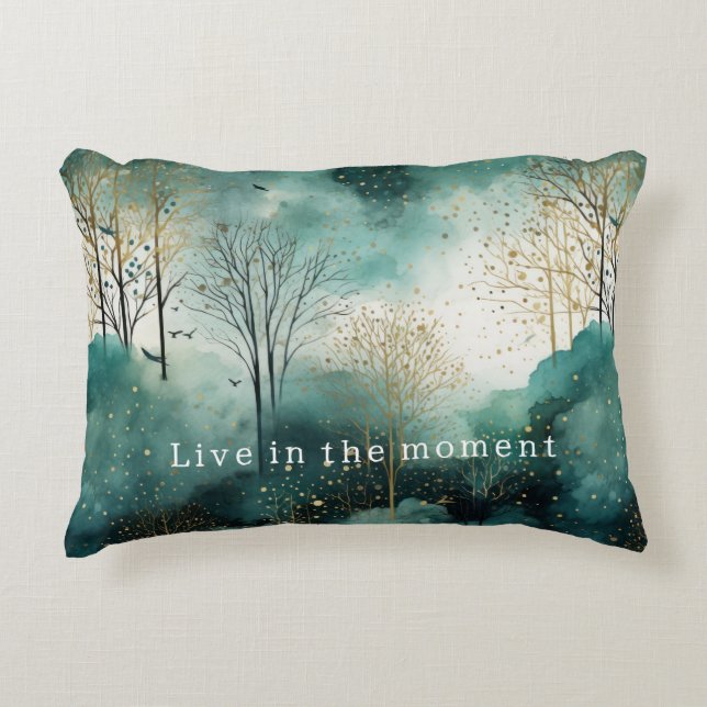 Green Gold Trees with Birds Christmas Accent Pillow (Front)
