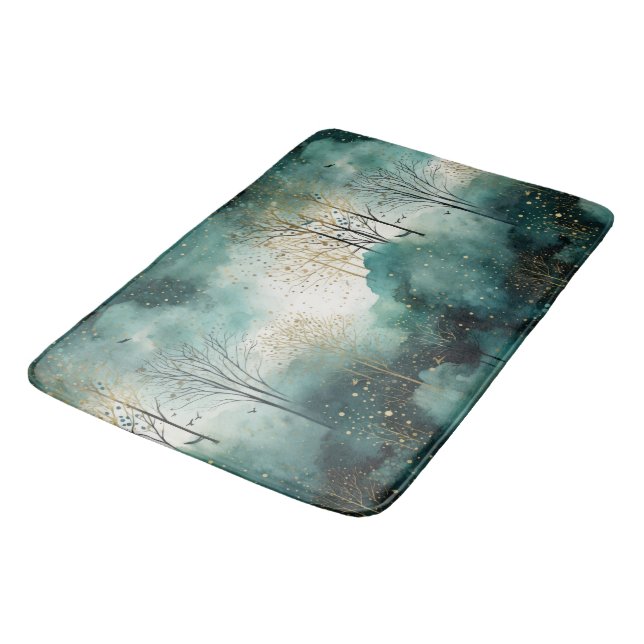 Green Gold Trees with Birds Christmas Bath Mat (Angled)