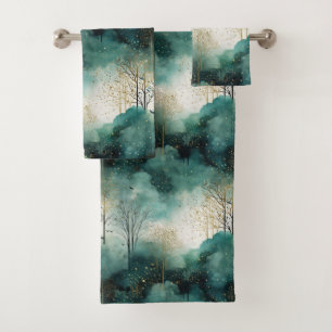Green Gold Trees with Birds Christmas Bath Towel Set