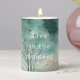 Green Gold Trees with Birds Christmas Pillar Candle