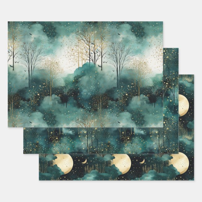 Green Gold Trees with Birds Christmas Wrapping Paper Sheets (Set)