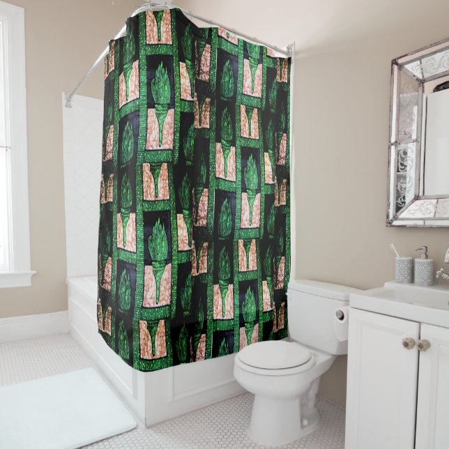 Green & Gold Tribal Bath Accent Shower Curtain (In Situ)