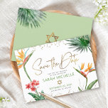 Green Gold Tropical Bat Mitzvah Floral Palm Modern Save The Date<br><div class="desc">Make sure all your friends and relatives will be able to celebrate your daughter’s milestone Bat Mitzvah! Send out this chic, personalized “Save the Date” announcement card. Stunning, colorful, tropical watercolor birds of paradise flowers, faux gold handwritten script, Star of David and glitter dots, along with green and gray modern...</div>