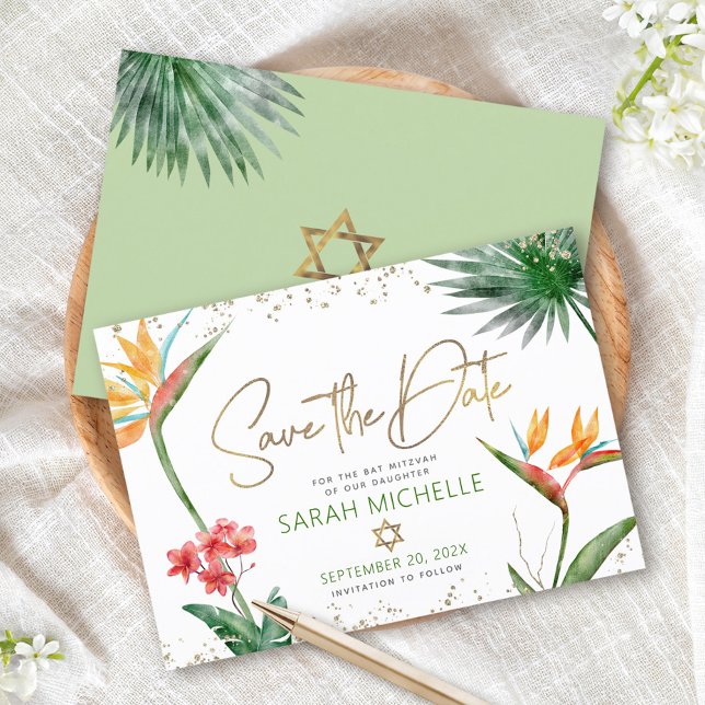 Green Gold Tropical Bat Mitzvah Floral Palm Modern Save The Date (Creator Uploaded)