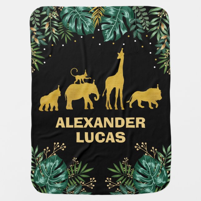 Green Gold Tropical Jungle Animal Baby Boy Nursery Baby Blanket (Front)