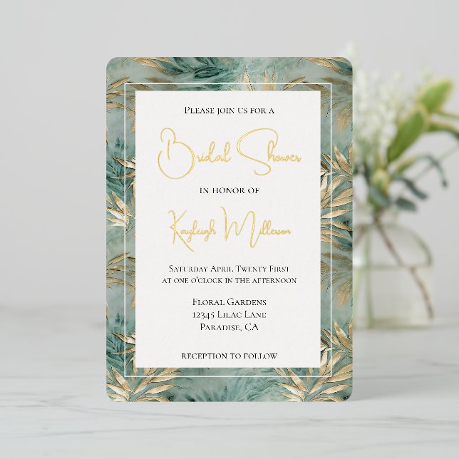 Green Gold Tropical Leaves Bridal Shower Foil Invitation (Standing Front)