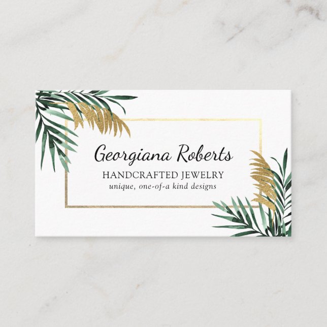 Green Gold Tropical Leaves Jewelry Designer Business Card (Front)