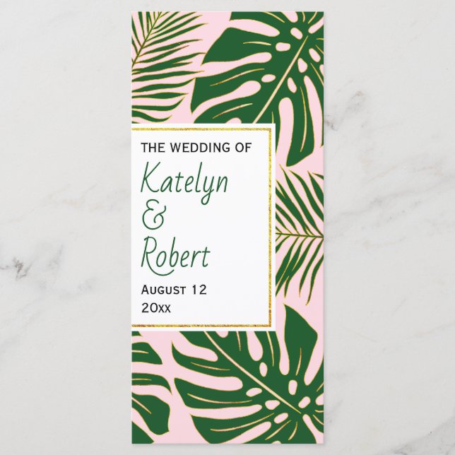 Green, gold tropical leaves pink wedding program (Front)