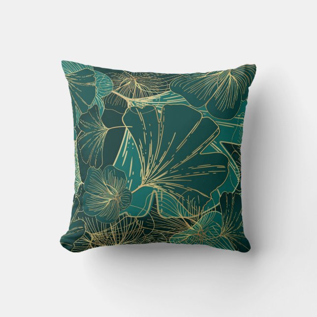 Green- Gold Tropical Leaves  Throw Pillow (Front)