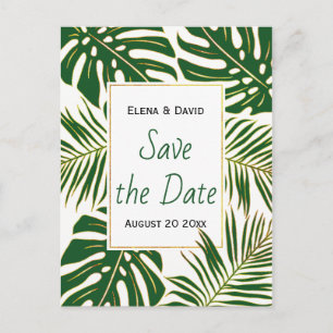 Green, gold tropical leaves wedding Save the Date Announcement Postcard