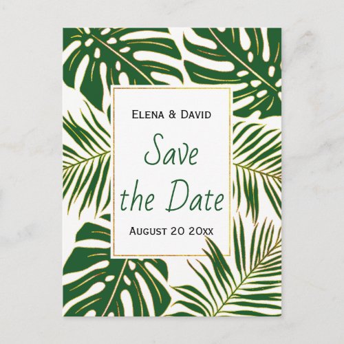 Green gold tropical leaves wedding Save the Date Announcement Postcard